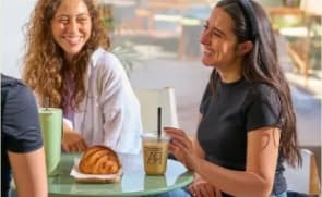 Friends enjoying coffee and croissants